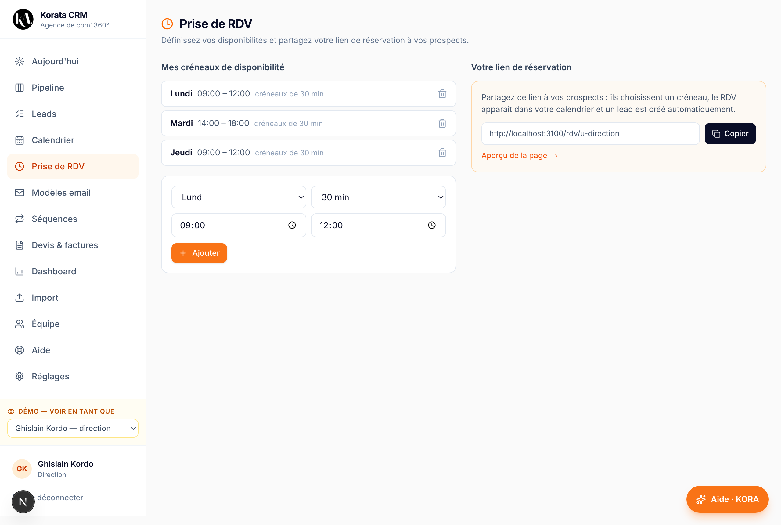 Prise de RDV — vos disponibilités